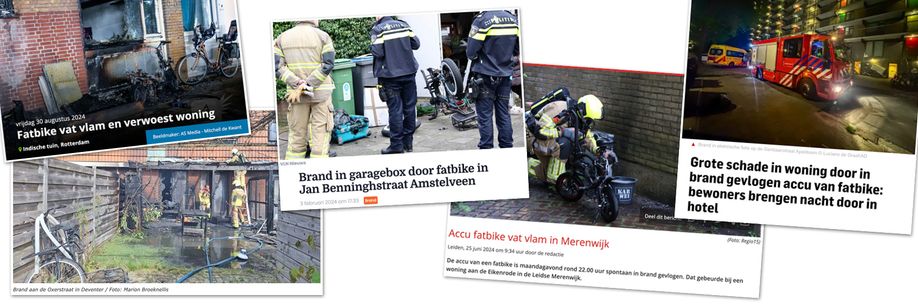 Verschillende nieuwsartikelen over fatbikes waarbij de accu in de brand gevlogen is