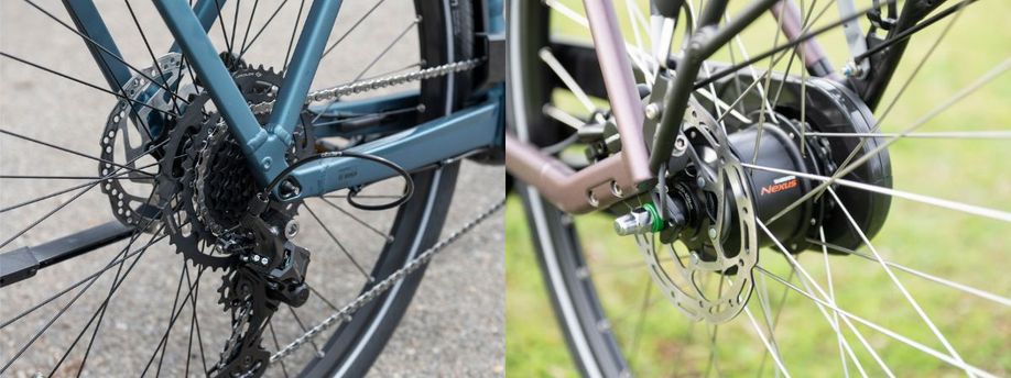 Links een derailleurversnelling op een blauwe fiets, recht een naafversnelling van Shimano Nexus op een roze fiets