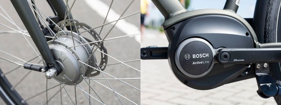 Voorwielmotor links vergeleken met Bosch Active Line middenmotor rechts