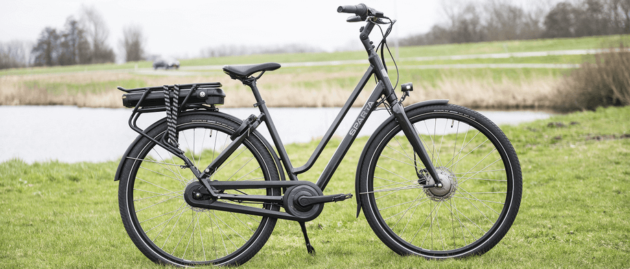 Sparta C-Ready Fit F7e fiets met accu in bagagedrager op het gras voor een slootje met riet en een auto ver op de achtergrond