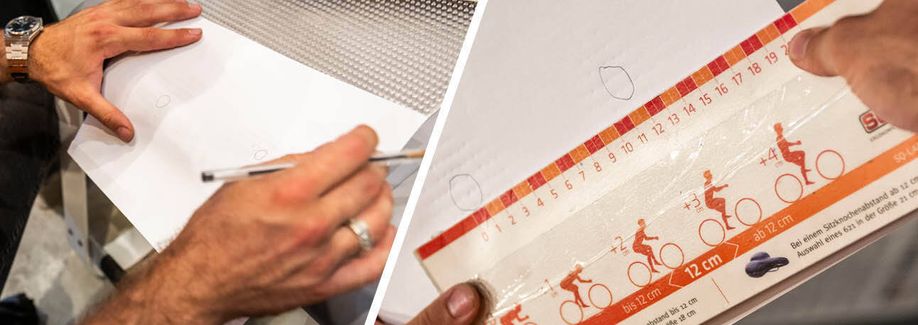 Met een speciaal meetlint wordt de afstand tussen 2 stippen op het papier gemeten hoe groot de zitbotbreedte is