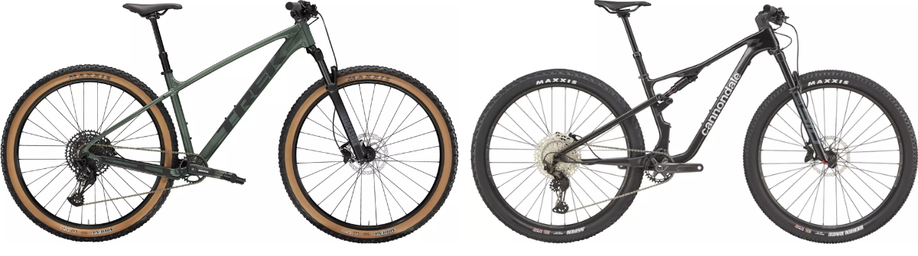 Trek hardtail en Cannondale full suspension achter elkaar met zijaanzicht en witte achtergrond