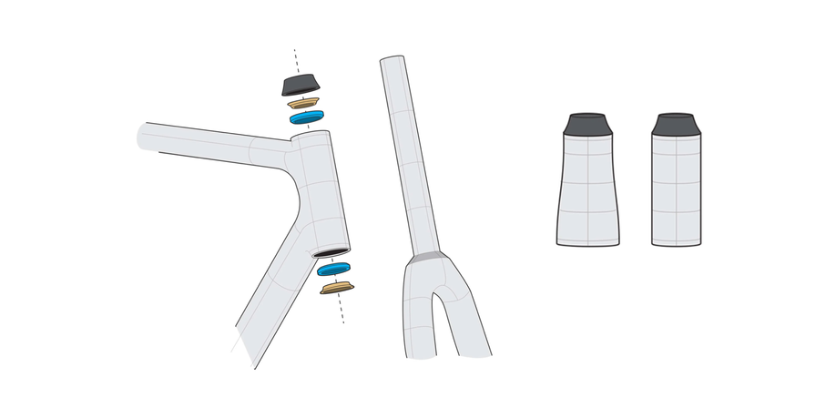 Illustratie van een geïntegreerd balhoofd zonder cups in de voorbuis van een frame en voorvork