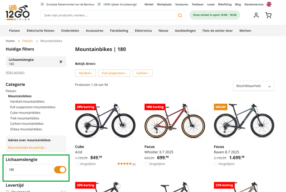Screenshot van de 12GO Biking mountainbike pagina met uitgelicht lichaamslengte filter