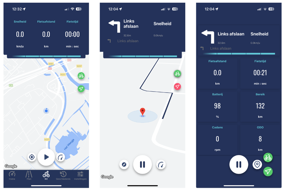 Afbeeldingen van de app met de rit zelf en de gegevens van de rit