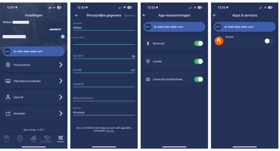Giant RideControl App settings