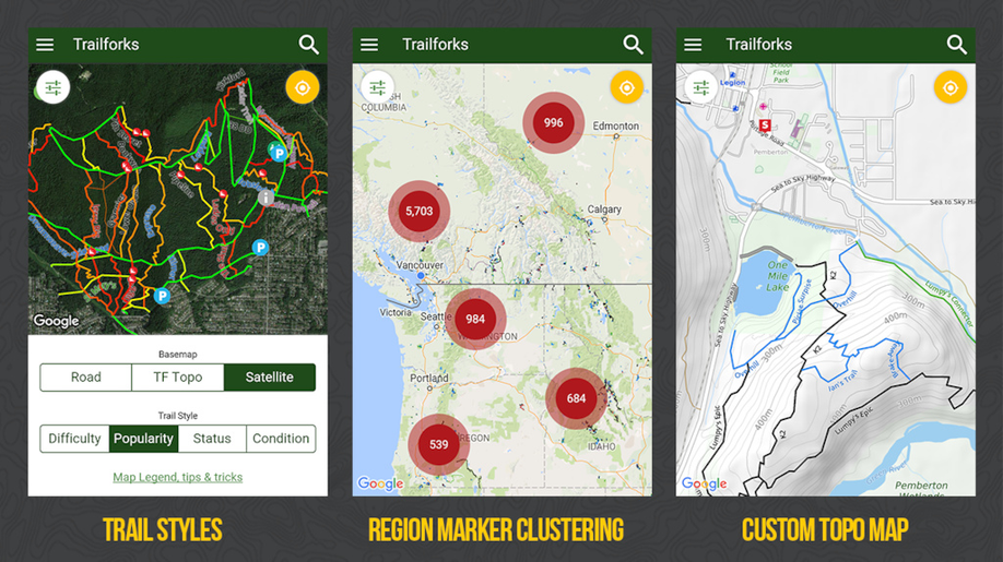 Verschillende Trailforks kaarten met trailstyles, topo kaarten en regionale gebieden