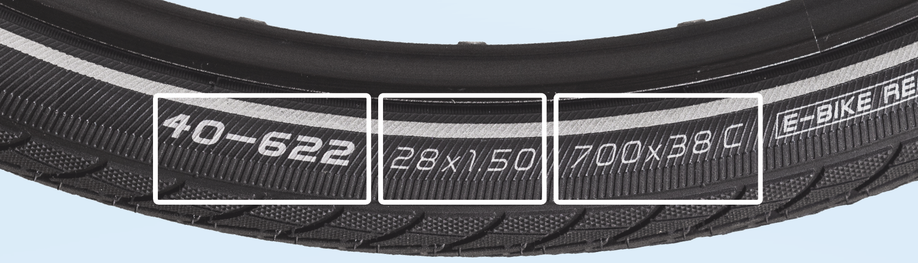 Gegevens van een buitenband opgedeeld in 3 vakken: ETRTO-maat links, inchmaat midden en Franse maatvoering rechts