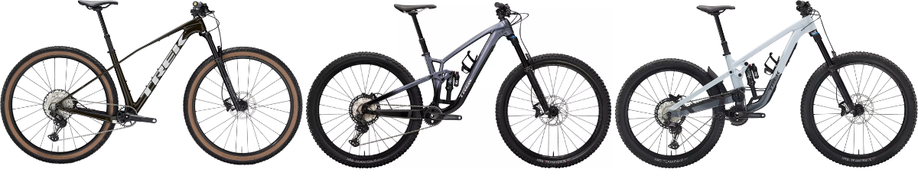 Vergelijking van de zijkant van Trek mountainbikes gemaakt voor cross country, trail en enduro