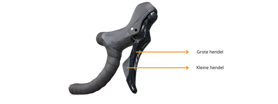 Shimano 105 schakelhendel met pijlen van waar de grote en waar de kleine hendel voor het schakelen zitten