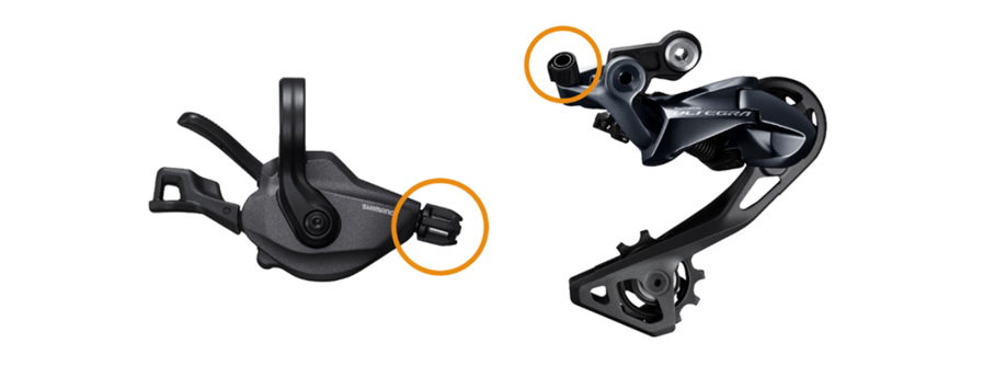 Mechanische Shimano Ultegra shifter en achterderailleur met stelnippels omcirkelt in oranje