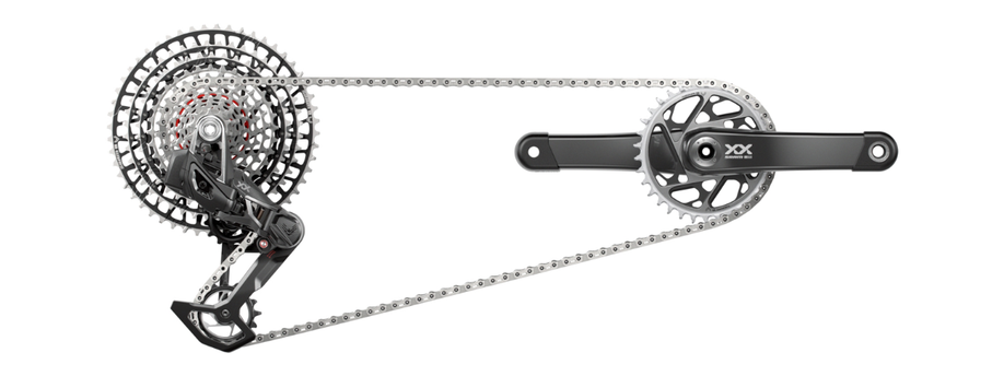 SRAM Eagle XX Transmission groepset bestaande uit achterderailleur, cassette, ketting, voorblad en crankstel