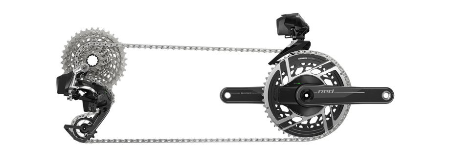 SRAM AXS Red groepset bestaande uit achterderailleur, cassette, ketting, voorbladen, crankstel en voorderailleur