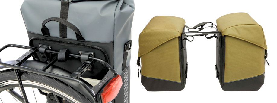 Links een enkele fietstas met haakbevestiging op bagagedrager, rechts een dubbele gele fietstas met universele aansluiting