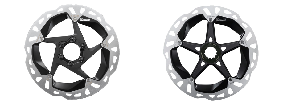 Shimano 6-bolt schijf links en Shimano centerlock schijf rechts