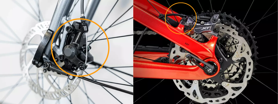 Mechanische Tektro schijfremmen links en hydraulische Shimano Deore XT schijfremmen rechts