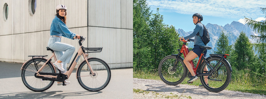 Dame met roze Cortina stadsfiets in stedelijke omgeving en jongen met rode Gazelle hybride fiets in de bergen