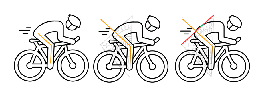 Illustraties van een persoon op racefiets waarbij de hoek van de knieën tussen de 25 en 35 graden wordt uitgelicht met een geodriehoek