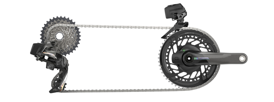 Volledige SRAM Force AXS groepset op een witte achtergrond