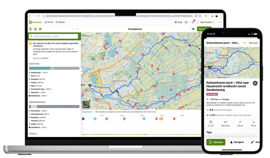 Komoot kaarten op telefoon en laptop