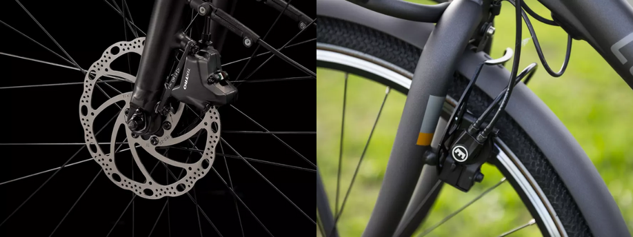 Vergelijking tussen fiets met hydraulische schijfrem links en hydraulische velgrem rechts