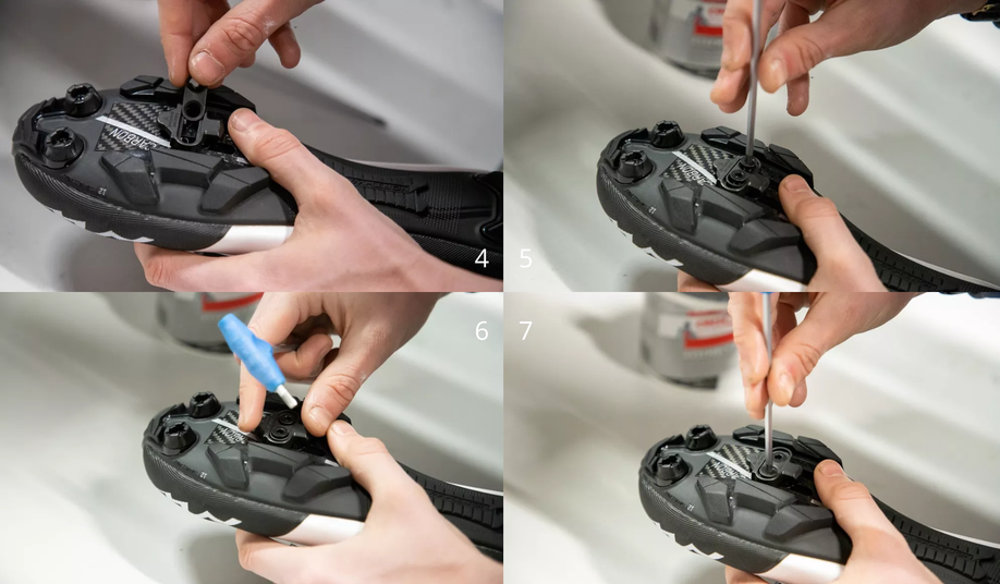 Plaatsen en vastdraaien van de inlegijzers en schoenplaatjes zelf door midden van een bouten met inbus