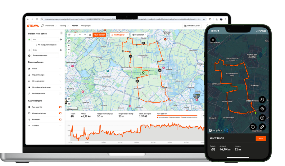 Strava kaarten op telefoon en laptop