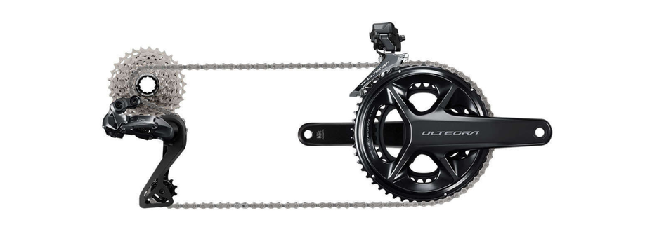 Volledige Shimano Ultegra Di2 groepset op witte achtergrond