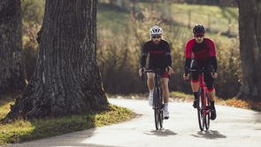Twee mannelijke fietsers in het zwart en rood rijden op hun racefietsen over een smalle asfaltweg tussen de bomen en weide door