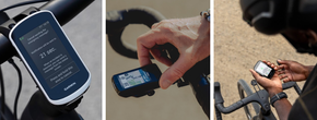 Garmin Edge Explore 2, Wahoo Elemnt Bolt 3 en Garmin Edge 550 fietscomputer op verschillende sturen en schermen