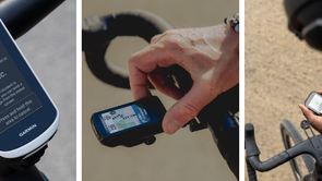 Garmin Edge Explore 2, Wahoo Elemnt Bolt 3 en Garmin Edge 550 fietscomputer op verschillende sturen en schermen