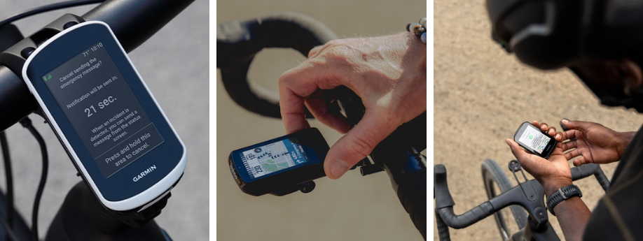 Garmin Edge Explore 2, Wahoo Elemnt Bolt 3 en Garmin Edge 550 fietscomputer op verschillende sturen en schermen