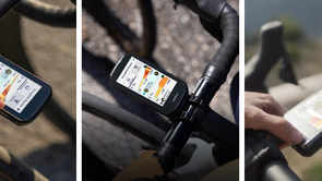 Garmin Edge 850, Garmin Edge 1050 en Wahoo Elemnt Ace fietscomputers met gekleurde dataschermen op verschillende sturen gemonteerd