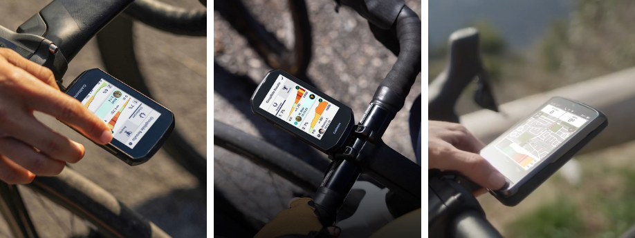 Garmin Edge 850, Garmin Edge 1050 en Wahoo Elemnt Ace fietscomputers met gekleurde dataschermen op verschillende sturen gemonteerd