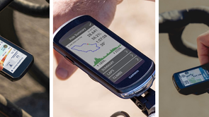 Garmin Edge 850, Garmin Edge 1040 en Wahoo Elemnt Roam 3 op verschillende fietssturen met handen die de computers bedienen