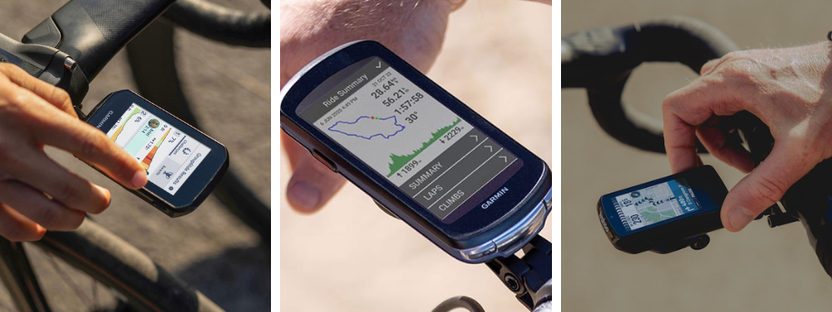 Garmin Edge 850, Garmin Edge 1040 en Wahoo Elemnt Roam 3 op verschillende fietssturen met handen die de computers bedienen