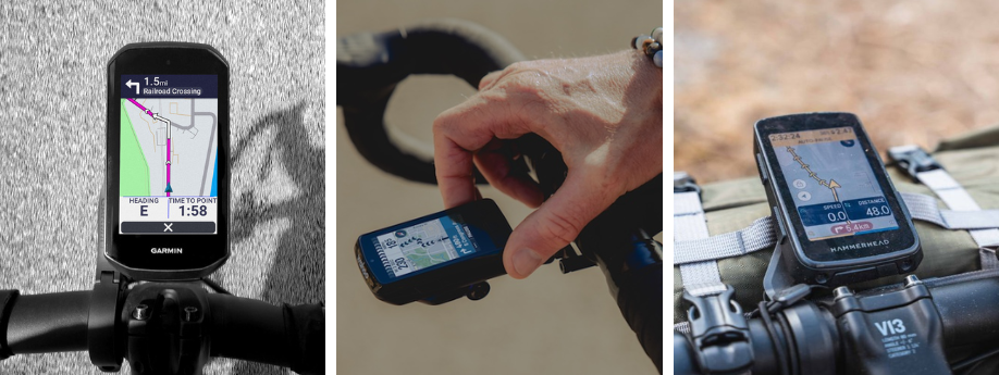 Garmin Edge 1050, Wahoo Elemnt Roam 3 en Hammerhead Karoo op verschillende fietssturen met navigatieschermen