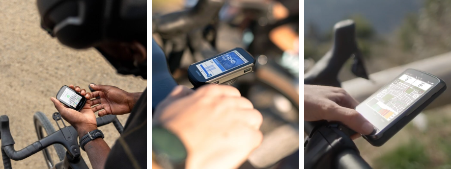 Garmin Edge 550, Garmin Edge 850 en Wahoo Elemnt Ace in gebruik door verschillende mensen op hun fietssturen
