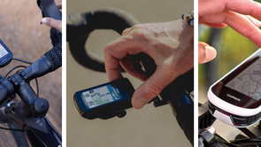 Garmin Edge 540, Wahoo Elemnt Bolt 3 en Garmin Edge Explore 2 naast elkaar op verschillende houders van sturen