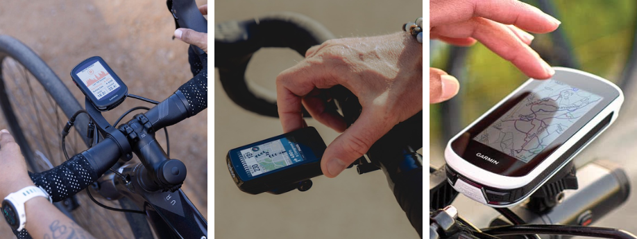 Garmin Edge 540, Wahoo Elemnt Bolt 3 en Garmin Edge Explore 2 naast elkaar op verschillende houders van sturen