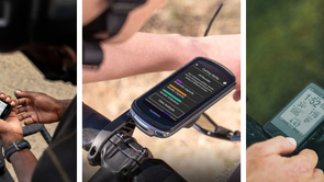 Garmin Edge 550, Garmin Edge 1040 en Wahoo Elemnt Roam 3 die door verschillende personen bediend worden op verschillende sturen