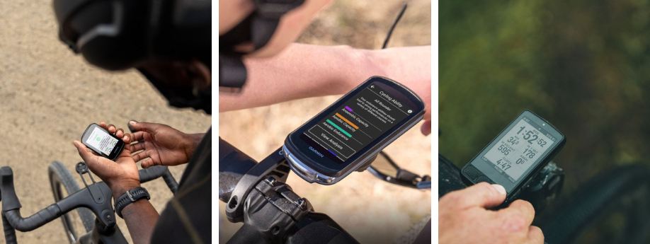Garmin Edge 550, Garmin Edge 1040 en Wahoo Elemnt Roam 3 die door verschillende personen bediend worden op verschillende sturen
