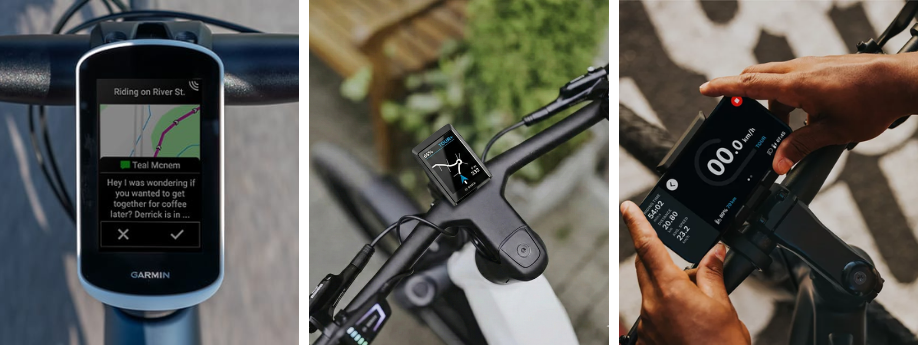 Garmin Edge Explore 2, Bosch Kiox en Bosch SmartphoneGrip op verschillende sturen als informatie en navigatieschermen