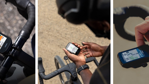 Garmin Edge 1050, Garmin Edge 850 en Wahoo Elemnt Bolt 3 met verschillende kleurenschermen en bedieningen op racefietssturen