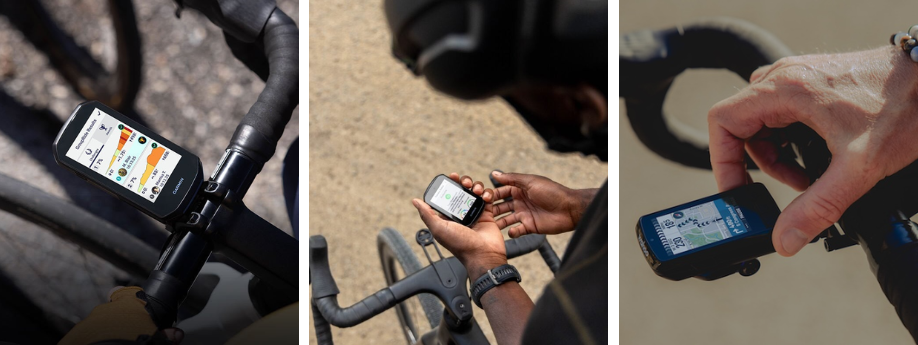 Garmin Edge 1050, Garmin Edge 850 en Wahoo Elemnt Bolt 3 met verschillende kleurenschermen en bedieningen op racefietssturen