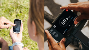 Garmin Edge Explore 2 in handen en smartphone in Bosch Smartphone Grip die beiden bedient worden