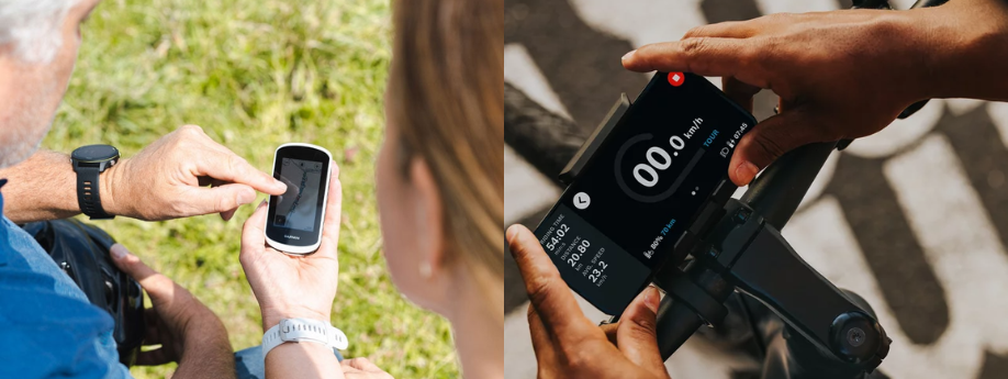 Garmin Edge Explore 2 in handen en smartphone in Bosch Smartphone Grip die beiden bedient worden