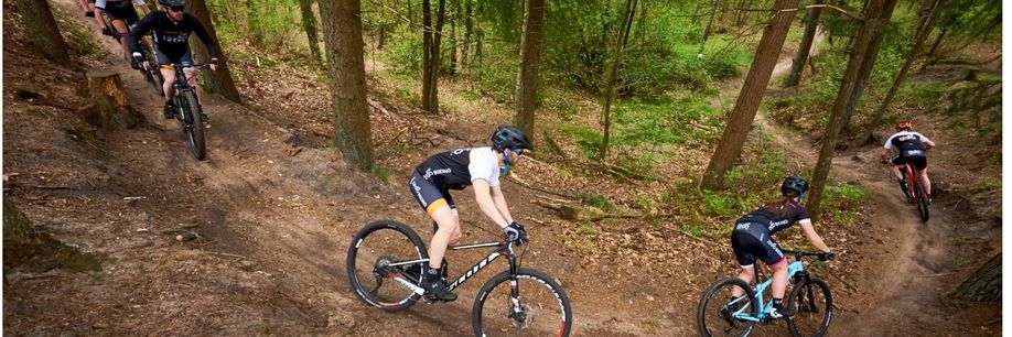 Groep van 12GO Biking mountainbikers die een trail in het bos achter elkaar afdalen in een bocht