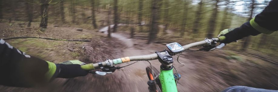 POV vanaf een mountainbiker op een groene MTB met oranje wielen die met snelheid over een trail in het bos afdaalt