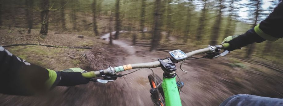 POV vanaf een mountainbiker op een groene MTB met oranje wielen die met snelheid over een trail in het bos afdaalt
